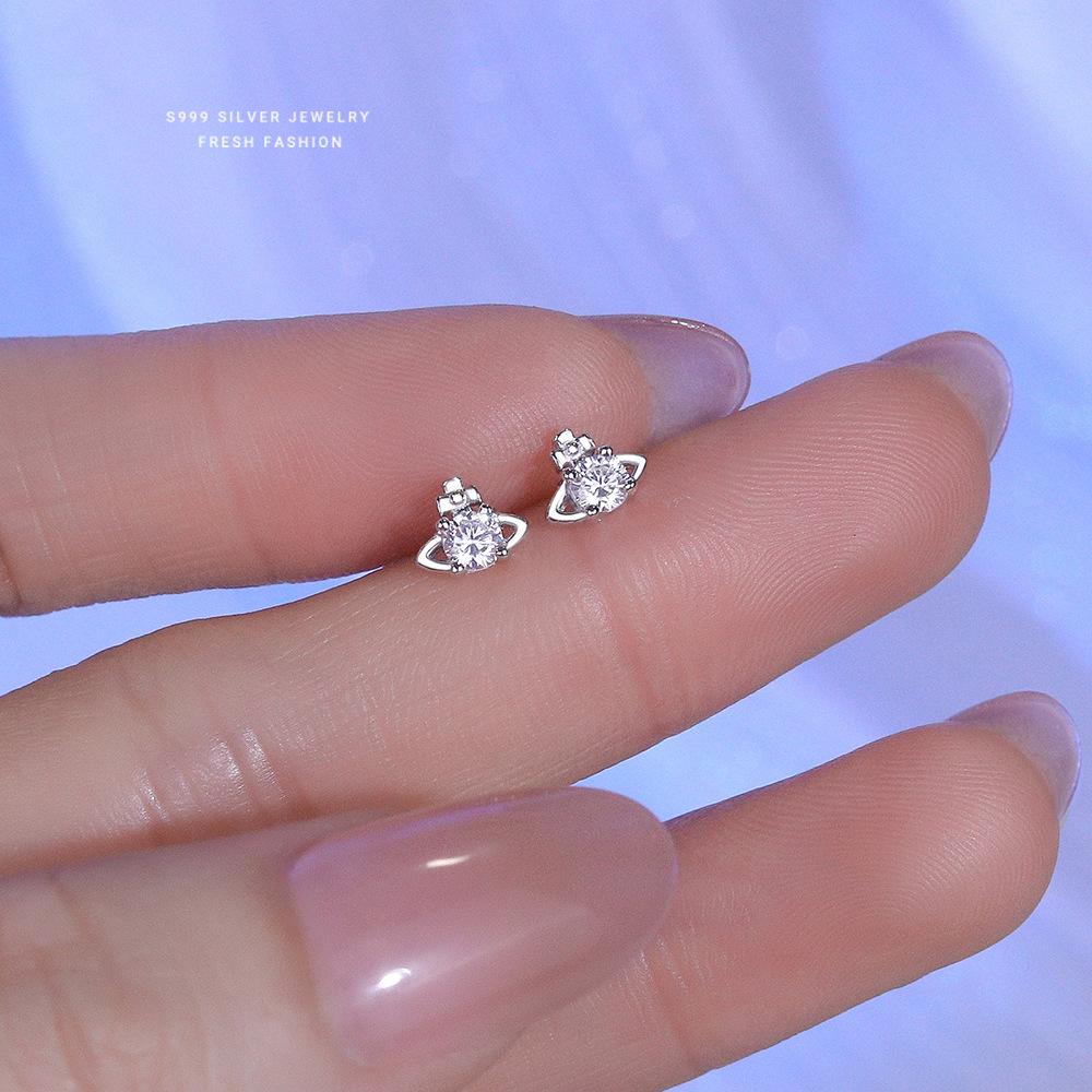 Exquisite Shiny Zircon 999 Sterling Silver Planet Earrings for Women Exquisite Light Luxury Jewelry серебряный
