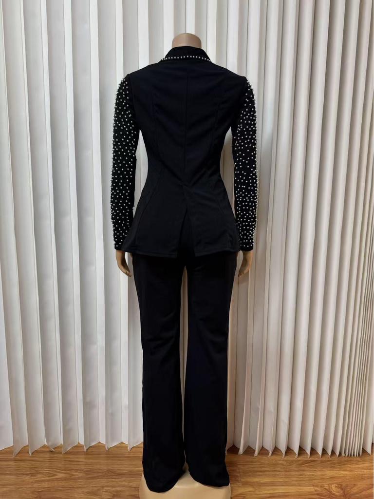 Elegant Rhinestone Long Sleeve Low-Neck Slim Fit Two-Piece Pant Suit