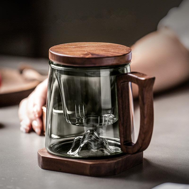 Tea Separation Filtration Glass Tea Cup Wood Handle Coaster Tea Water Separation Container With Infuser Filter Tea Making Cup