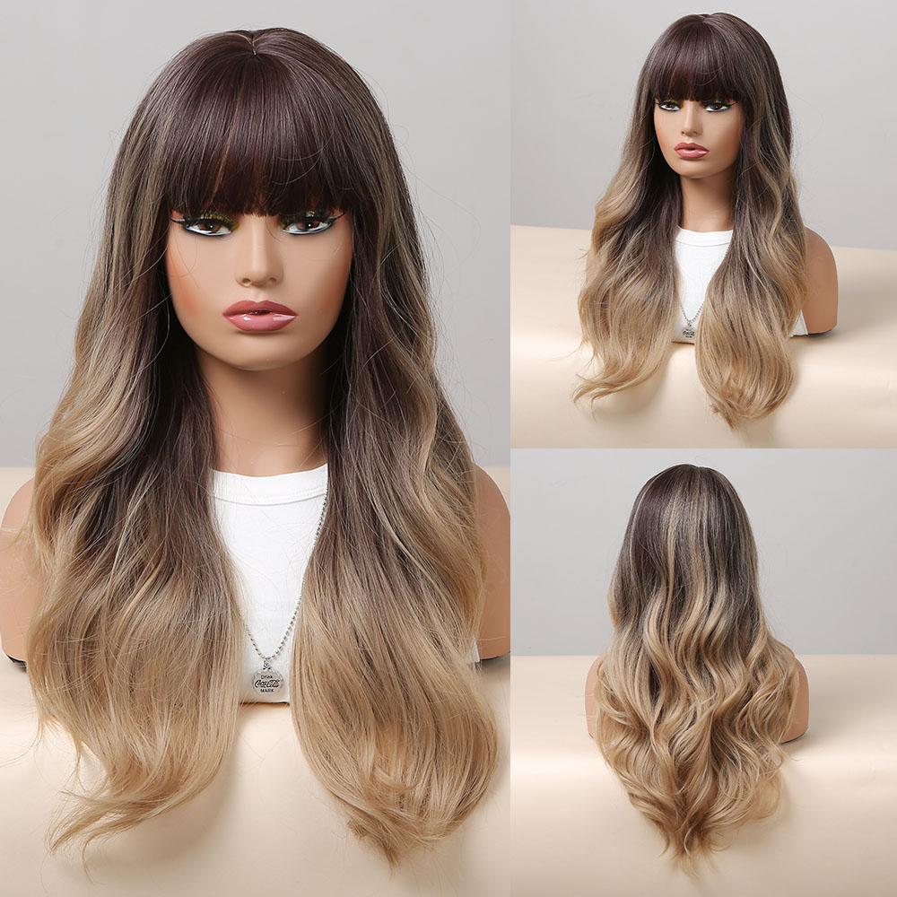 Synthetic Wigs Long Natural Wavy Wig Ombre Brown Golden Highlight Blonde Layered Hair with Side Bangs for Women Heat Resistant