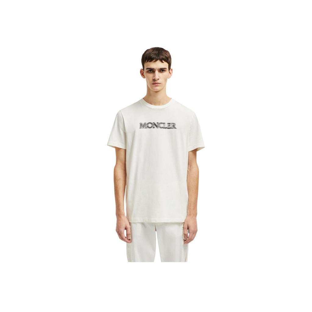 Moncler White Blurred Letter Logo Crew Neck Versatile Short Sleeve T-Shirt Men Tops K1-091-8C00005-89A17-034
