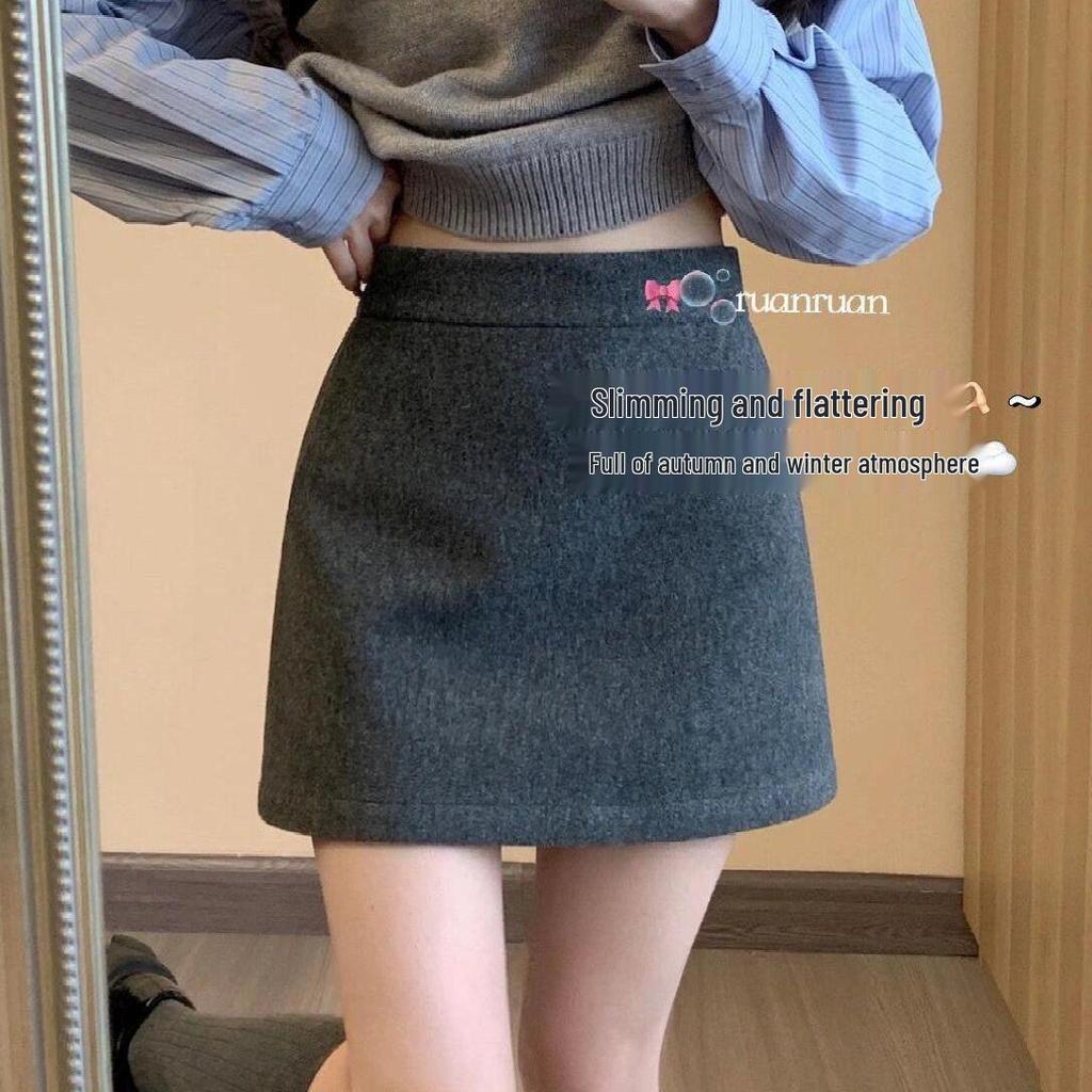Women's 2025 Korean Style Grey Wool Blend High Waist A-line Mini Skirt - Versatile and Slimming for Autumn/Winter