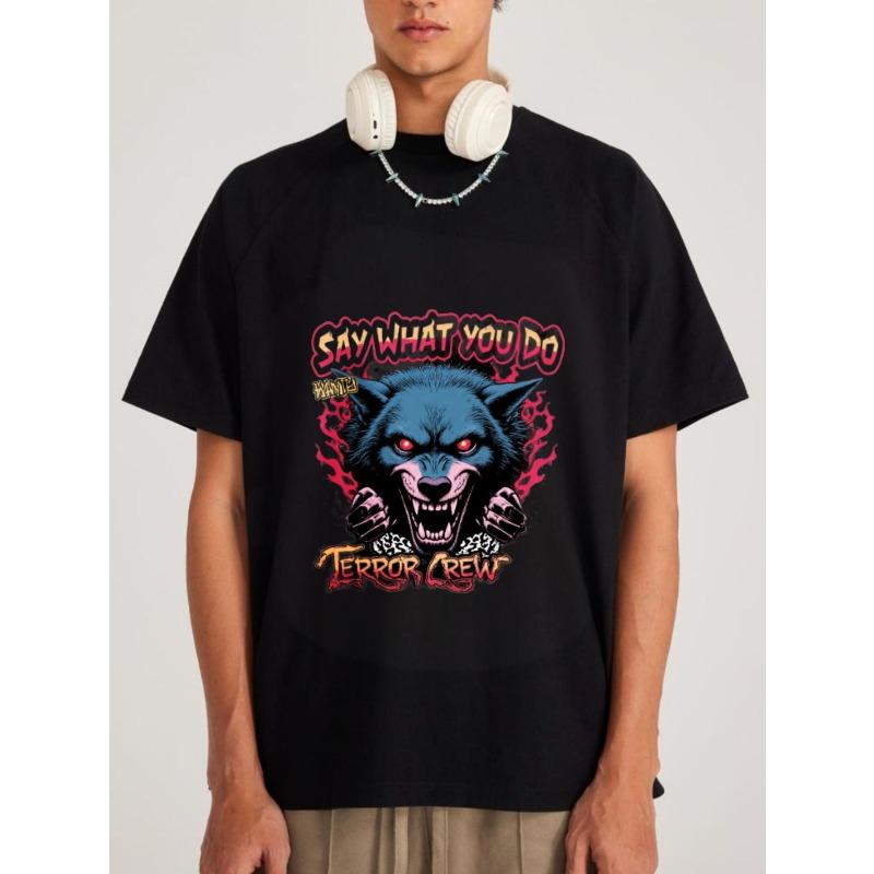 

White T-Shirt With Wolf Graphic And Say What You Do Terror Crew Text For Casual Wear XXXXL чорний