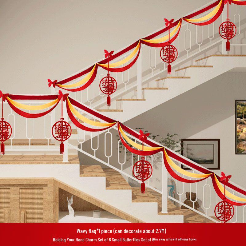 Double Happiness Stair Railing Decor: Wedding Floral Ornaments for Bride and Groom Sides