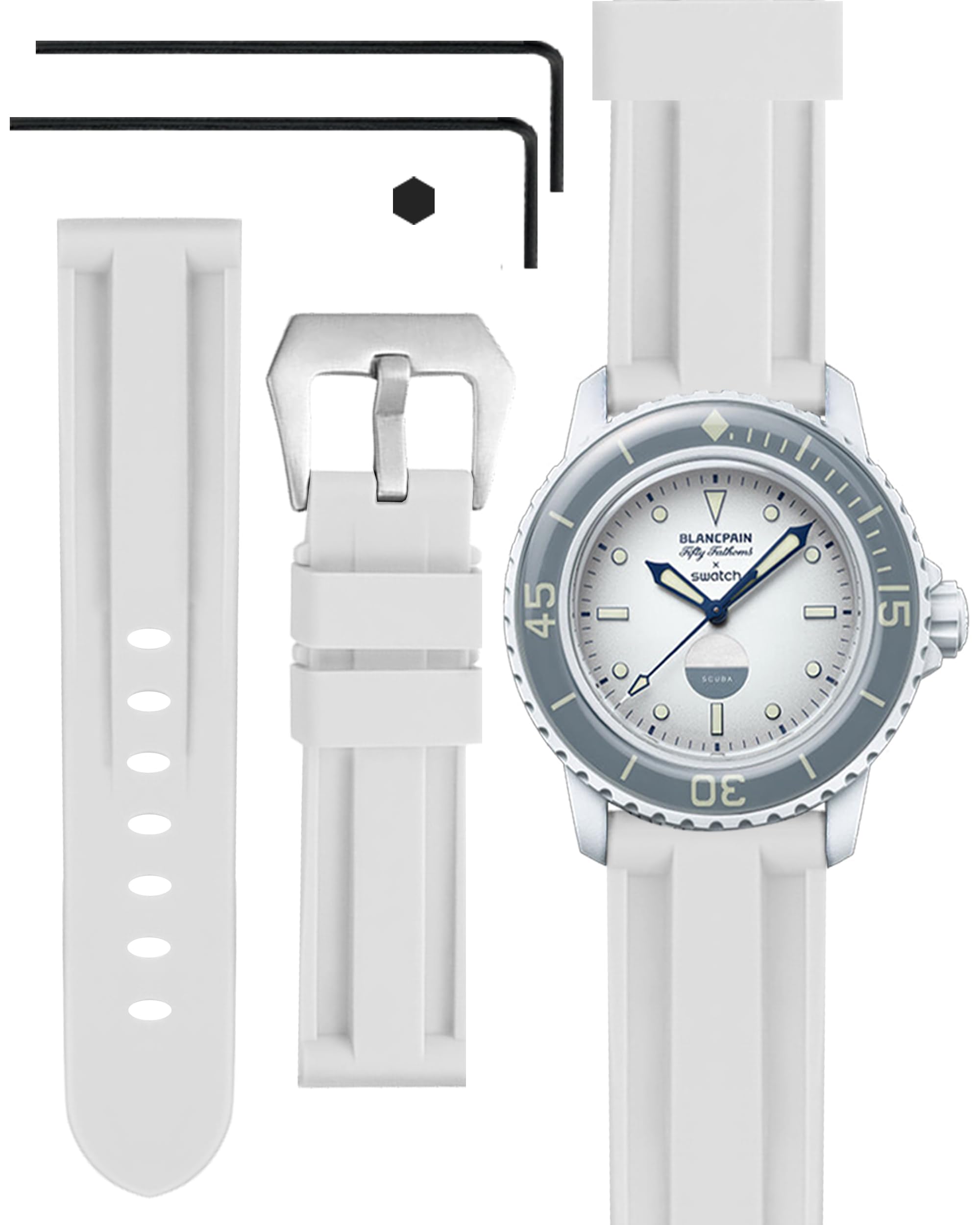 

Ремешок для часов Ocdin 22 мм для Blancpain X Силиконовый сменный ремешок с шестигранным биокерамическим SCUBA Fifty Fathoms Совместимый Swatch, Ключ, (белый) белый