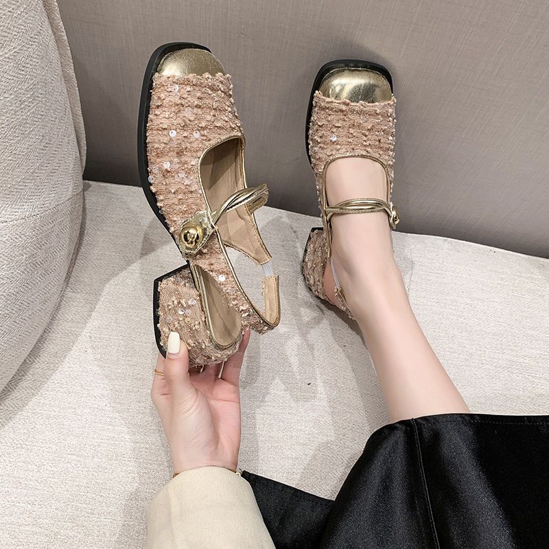 Gentle Daughter Feeling! Celebrity Style Bag Head Half Slippers Year Summer Thick Heel Mary Jane Single Shoes