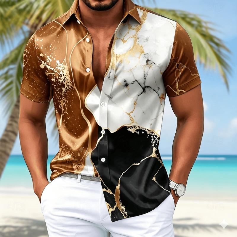 Men's Split Marble Print Short Sleeve Shirt, Casual Button Down with Abstract Fluid Pattern for Spring & Summer