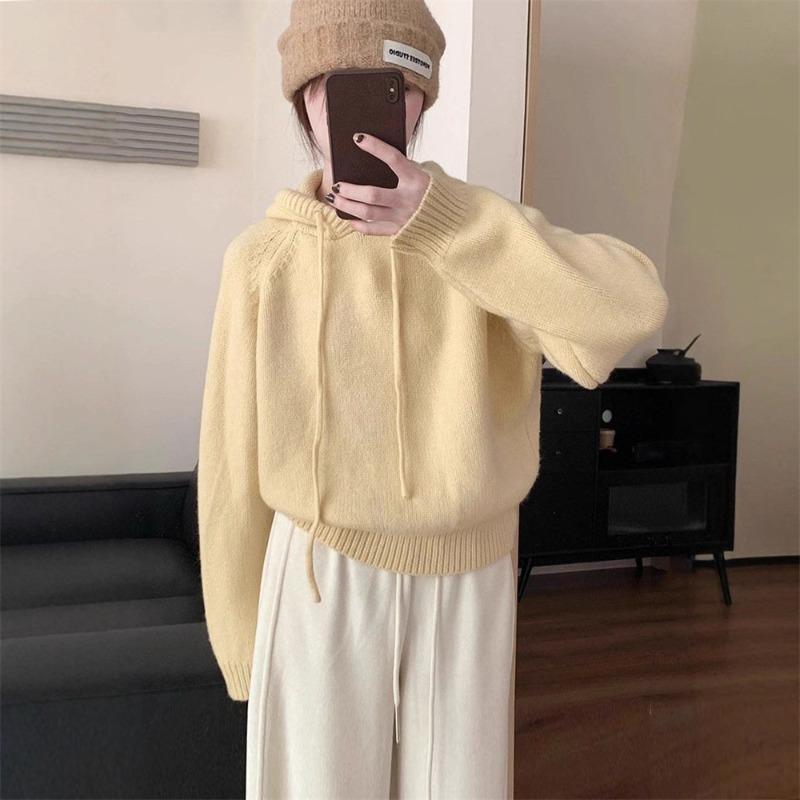 Design sense niche hooded knitted sweater top women's autumn and winter new small wear loose pullover sweater