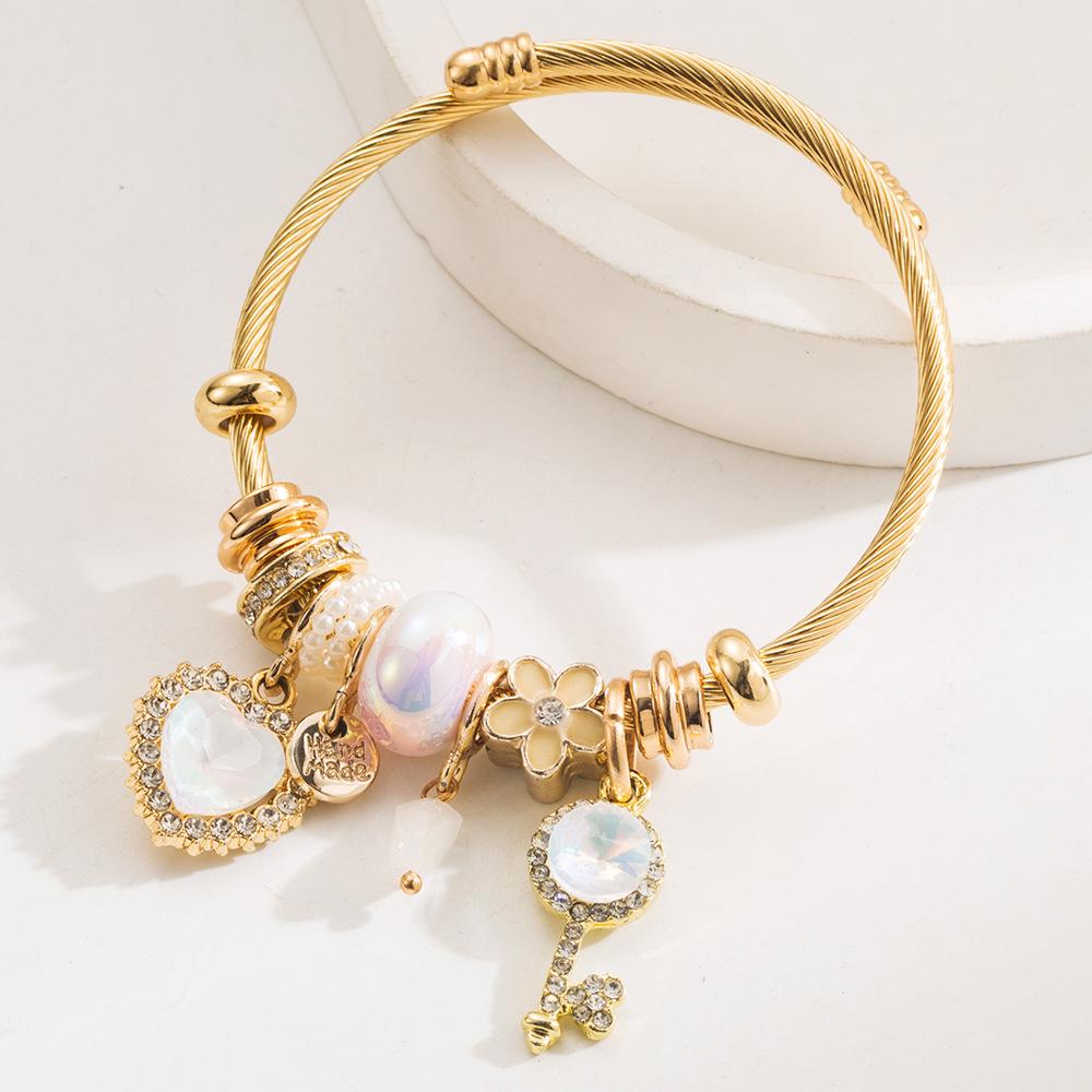 

Браслет из сплава с инкрустацией в виде сердца и ключа, модный универсальный регулируемый браслет из бусин для пары для женщин белый