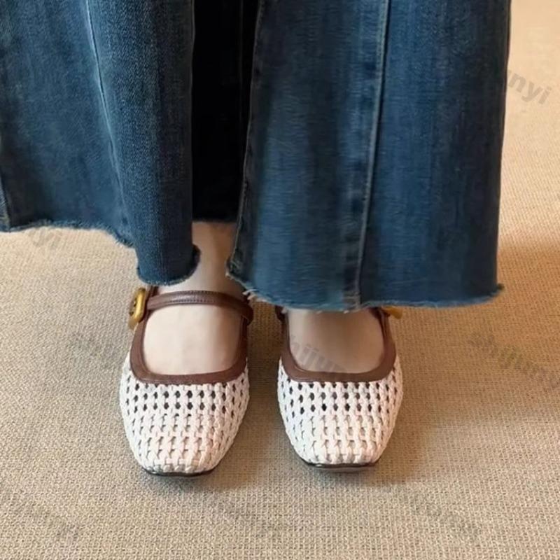 Women's Chunky Heels Summer Vintage Square Toe Weave Hollow Breathable Mary Jane Shoes Fashion Buckle Strap Comfortable Sandals