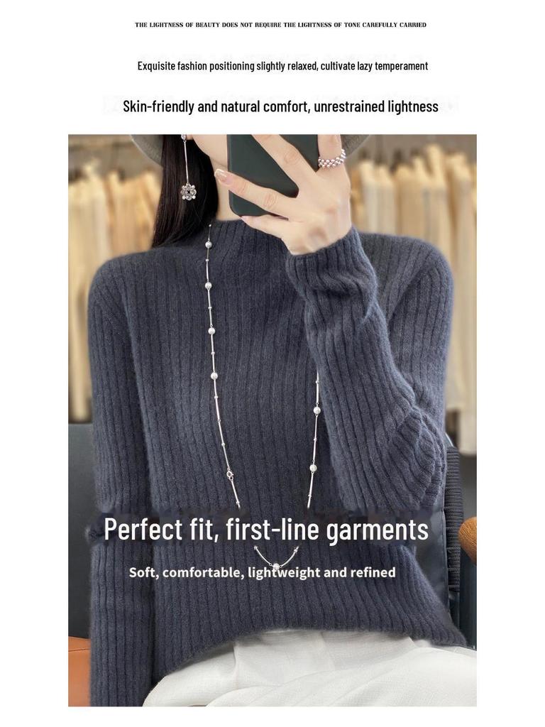 2024 Autumn/Winter Women's Pure Wool Half-High Collar Ribbed Sweater - Slim, Versatile, and Loose-Fitting Knit Top