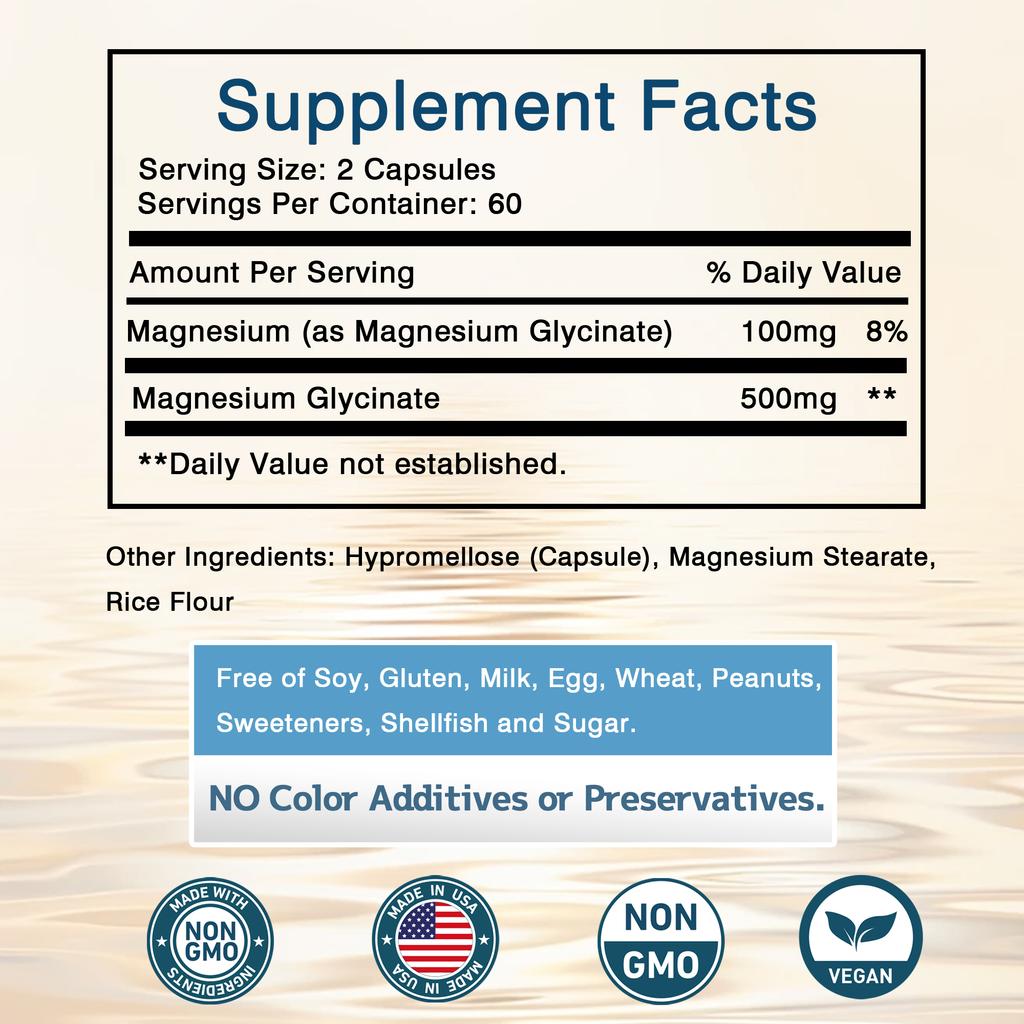 Magnesium Glycinate 500mg Capsules, Maximum Absorption Magnesium Supplement for Nerves Muscles Heart Mood