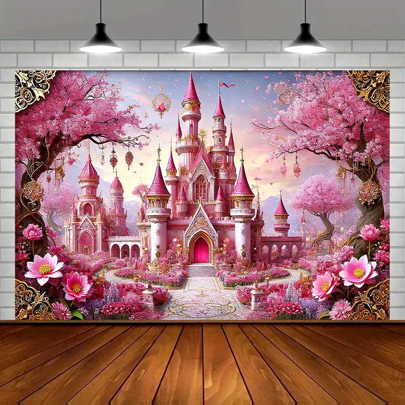 2D Flat, 2D Magical Pink Castle and Cherry Blossom Banner - Multifunctional Decoration Suitable for Parties