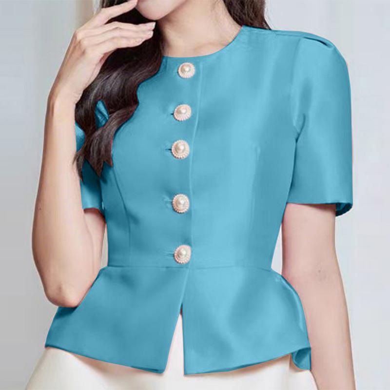 

ZANZEA Женская повседневная блузка с круглым вырезом, однотонная, летняя, с коротким рукавом L синий