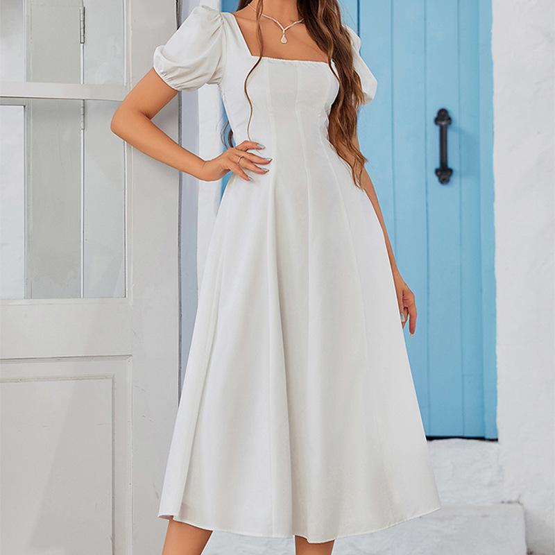 Four-sided Elastic Dress, European and American Sexy Backless Square Neck Short-sleeved A-word Medium and Long Pleated Dress