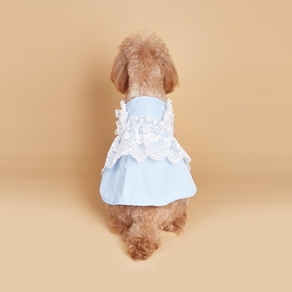 Summer Light Blue Dog Dress with Lace Decoration, Sleeveless Princess Dog Girl Clothes for Small Dogs/Cats Party Costume Attire