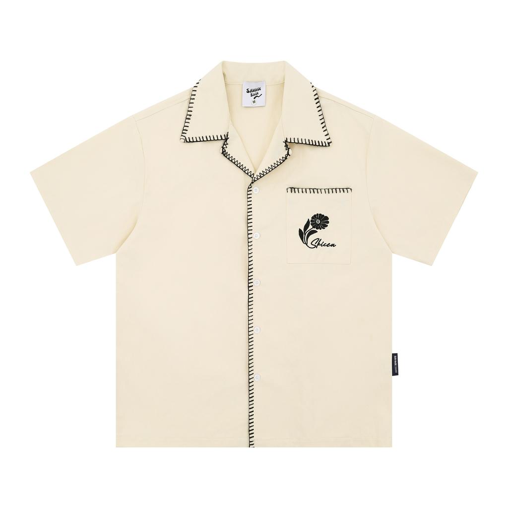 FlowStreet Camisa Havaiana Casual Cor Sólida Preto Branco Cinza Marrom para Homens Mulheres Top de Qualidade Bordado Pequeno Logo Camisa