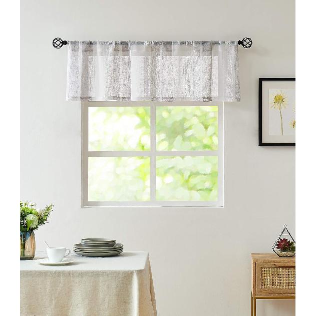 Central Park Black and White Kitchen Window Curtain Valance Vertical Stripe Sheer Boucle Linen Window Curtain, Living Room Decorative Rod Pocket (54"