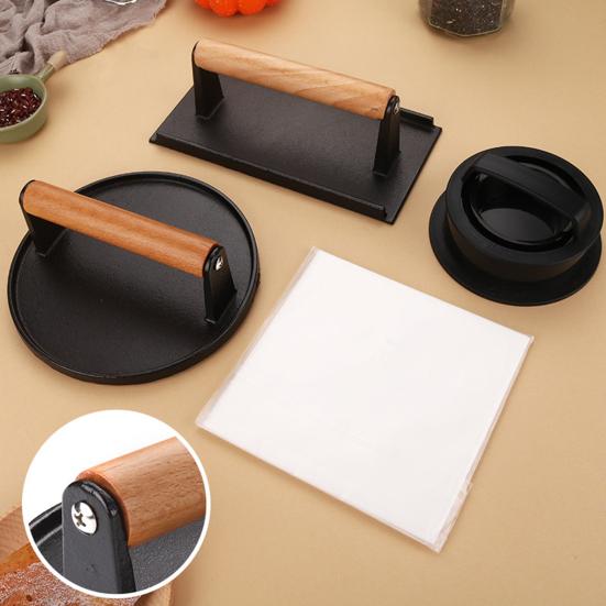 2Pcs Cast Iron Meat Press with Wood Handle Heavy-Duty Bacon Burger Smasher for Grill Griddle Skillet Rust-Proof Round Rectangular Professional BBQ