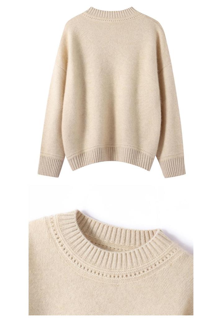 Women's 1980 Marled Yarn Round Neck Cashmere Sweater - Three-Strand Thick, Loose & Casual for Middle-Aged Moms