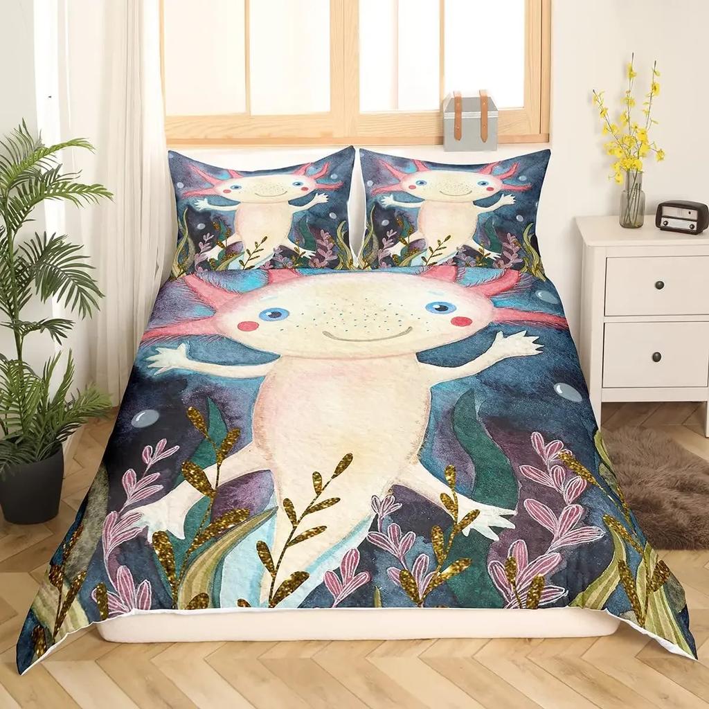 Comforter Cartoon Pink Axolotl Floral King Queen Kawaii Salamander Bedding Set 3D Animal Polyester Comforter