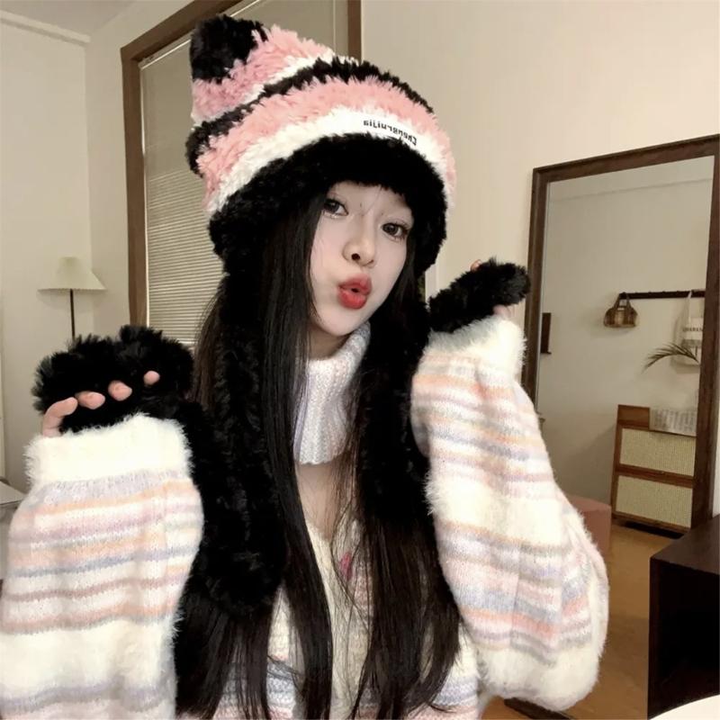 Halloween Cat Ear Hat Knit Y2K Beanie Hat Striped Party Holiday Winter Warm Hat Beanie Theme for Teens