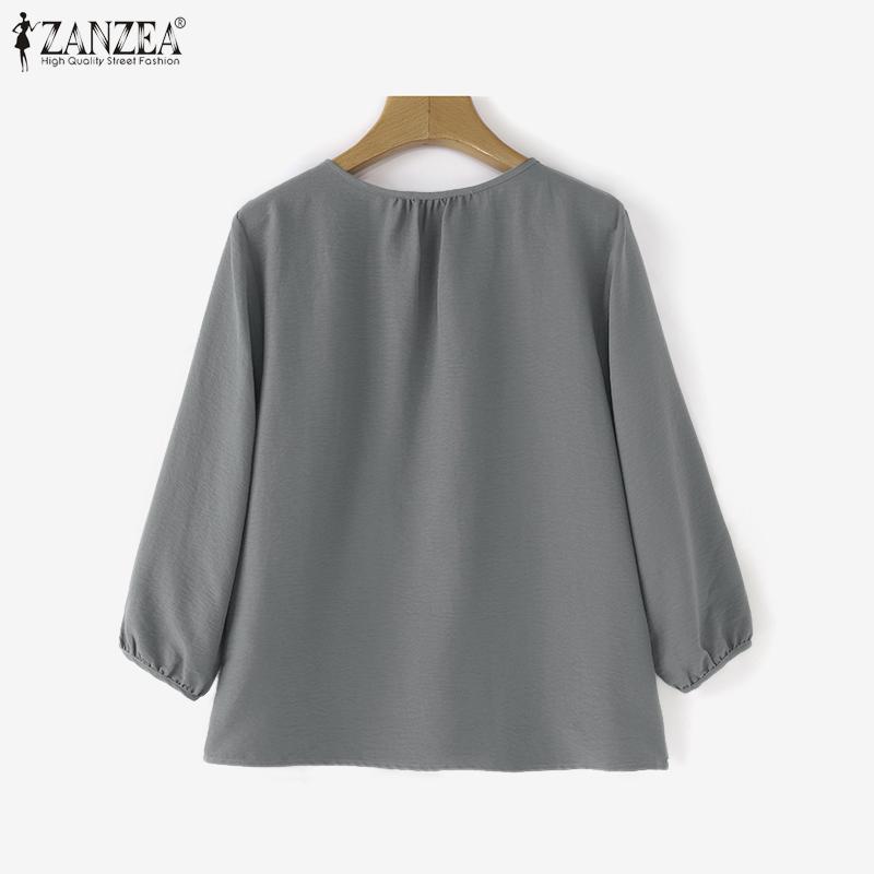 ZANZEA Women Casual Round Neck Solid Color 3/4 Sleeve Loose Blouse
