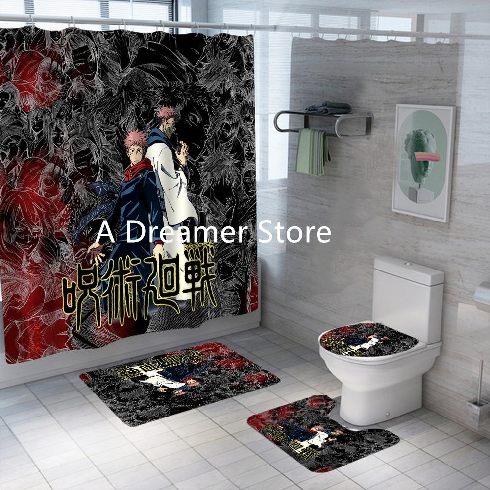 

New Anime Jujutsu Kaisen Shower Curtain Set 4Piece Waterproof Polyester Bathroom Curtains For Adults Boys Decor Bath Mats Rugs 90x180cm 1pcs