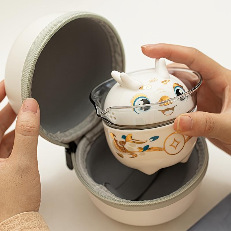 1 Set Of 4 Pcs Ceramic Travel Tea Set Include One Pot And Three Cups Dragon Year Outdoor Camping Portable Tea Set For Home Restaurant Hotel Office Tea