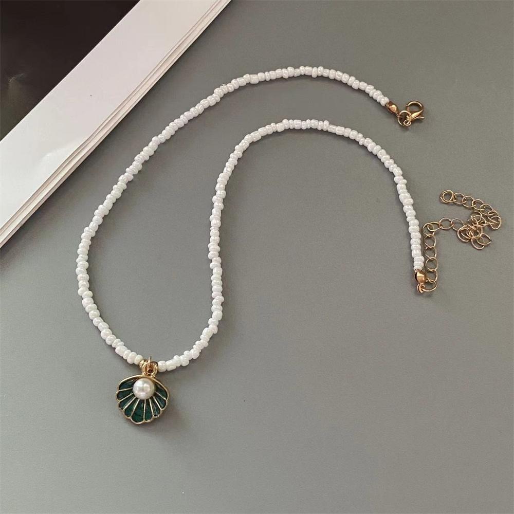

Imitation Pearl Shell Necklace for Girl Women Handmade Seed Beads Chain Necklace Cute Romantic Pendant Neck Zircon