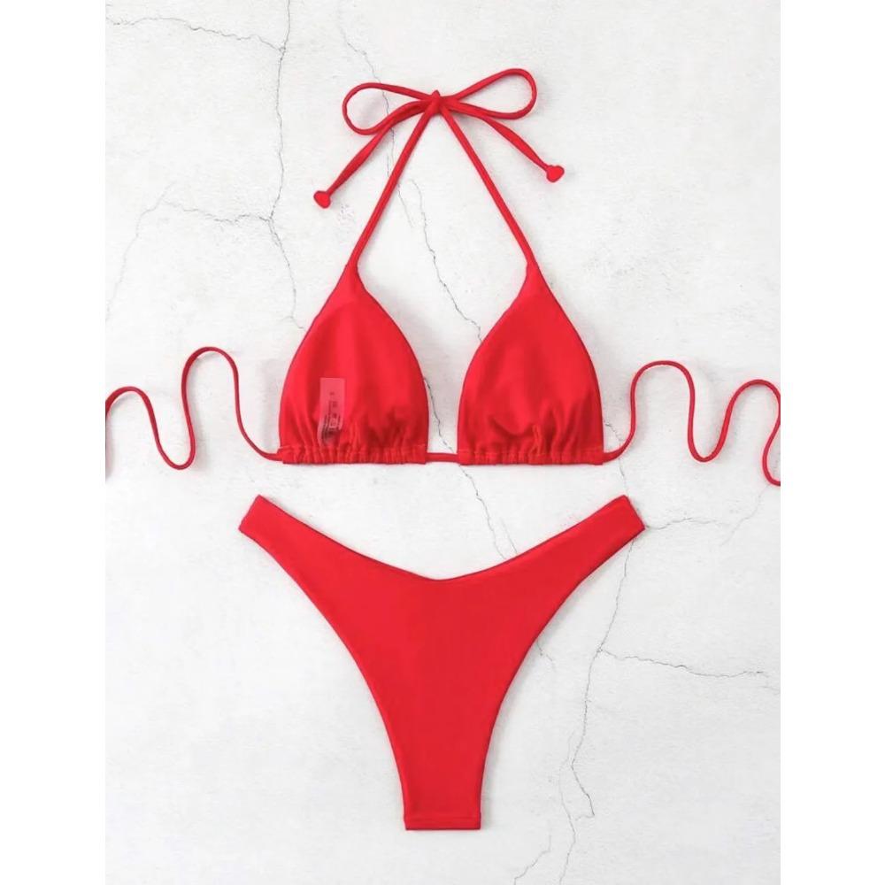 New Halter Bikini Women Solid Color Two-Piece Set Sexy Split Swimsuit Yellow Red Black Coffee White Pink Lace Up Bathing Suit