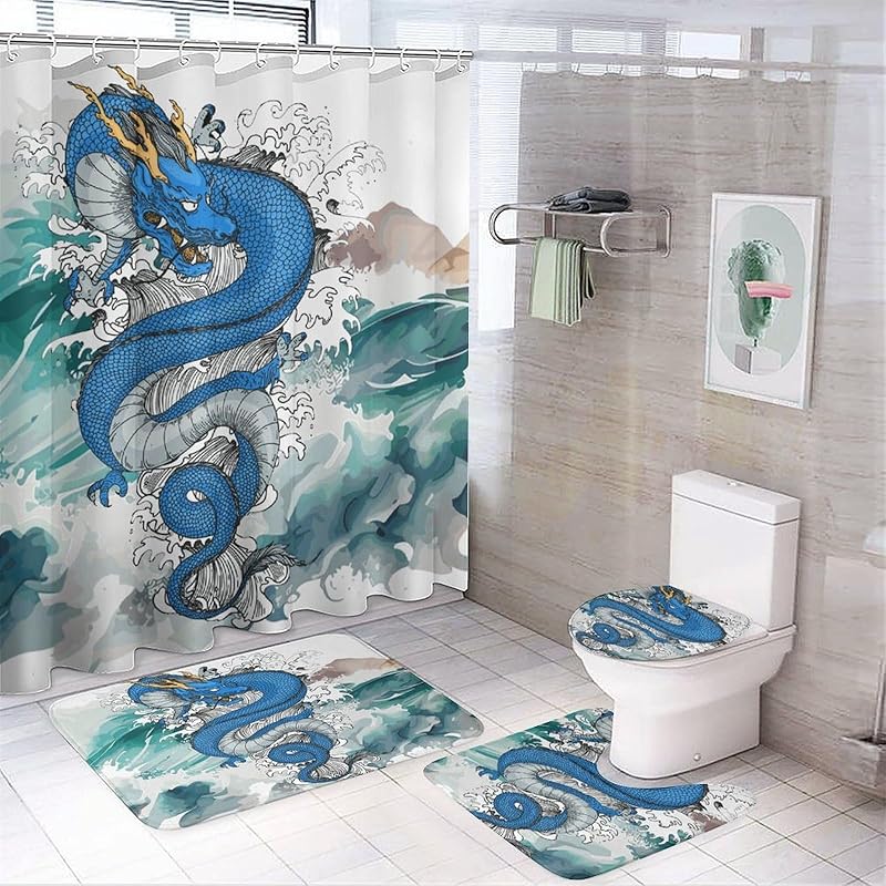 Cool Black and White Dragon and Tiger 4 Pieces Shower Curtain Set,Metaphysical Sky Dragon and Tiger Yin Yang Non-Slip Rugs Toilet Lid Cover Bath Mat