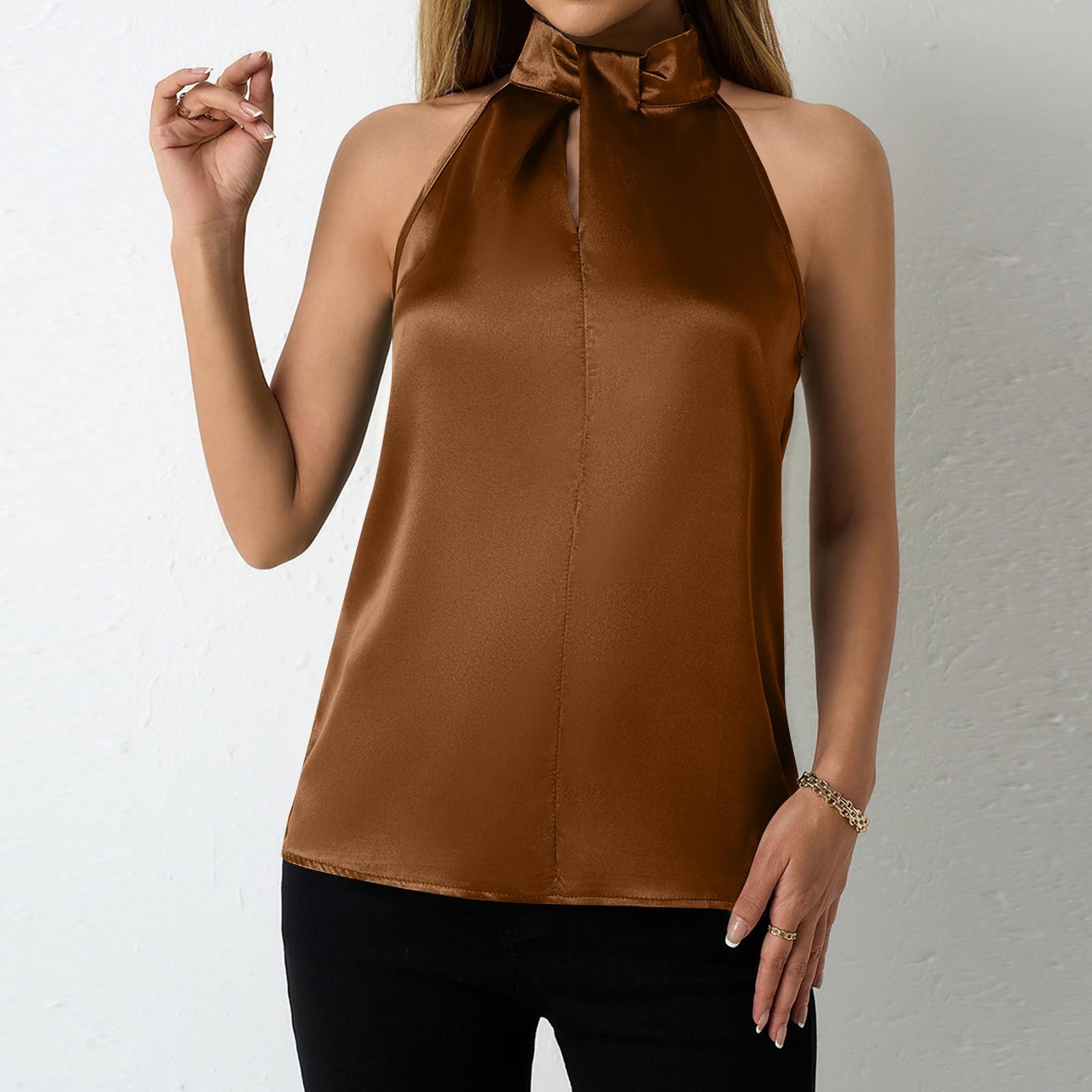 

Жіночі атласні безрукавки з V-подібним вирізом, повсякденні блузки-камізоли без рукавів, літня базова безрукавка з градієнтом M коричневий