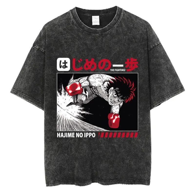 Vintage Washed Cotton T-Shirt Anime Hajime No Ippo Kamogawa Boxing Gym Loose Fit T-Shirt for Men and Women Y Designer Cl