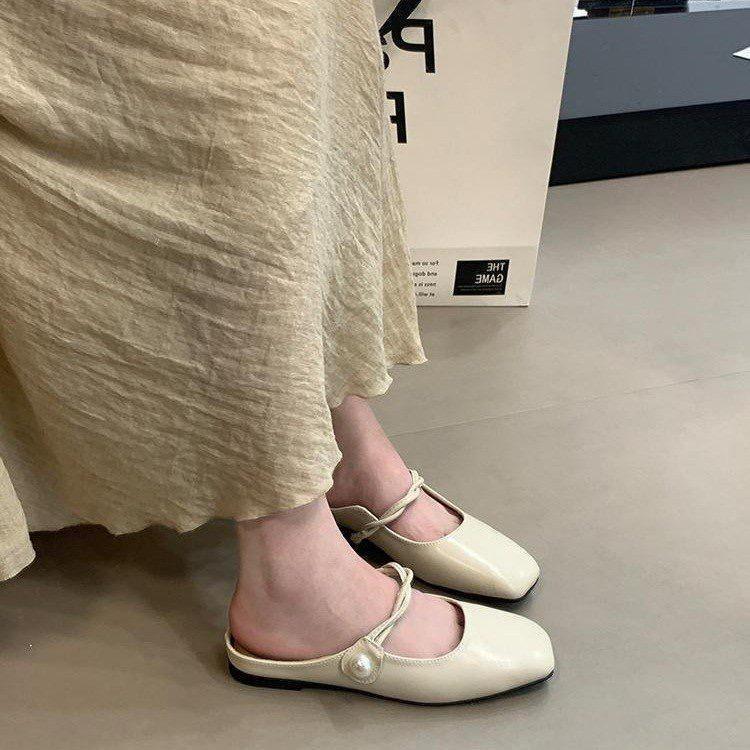 Temperament Socialite Xiaoxiangfeng Half Slippers Women's Spring and Summer 2025 French Pearl Bag Head Mary Jane Half Tray Single Shoes
