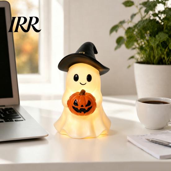 Safe Flameless Night Light Halloween Ghost Figurine, Cute Resin Holding Pumpkin Whimsical Statue for Desk Tabletop Indoor Home Decor Healing