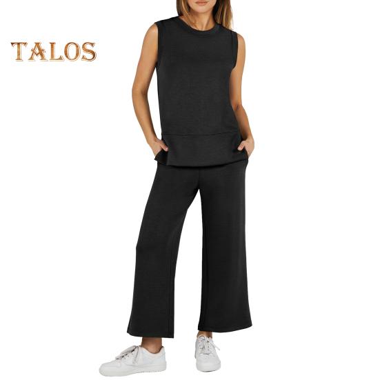 

Комплект из 2 предметов: женский топ и брюки, однотонный, круглый вырез, без рукавов, разрезы по бокам, свободный жилет, широкие брюки, боковые карманы, повседневная одежда, наряд для поездок на работу и отдыха M чёрный