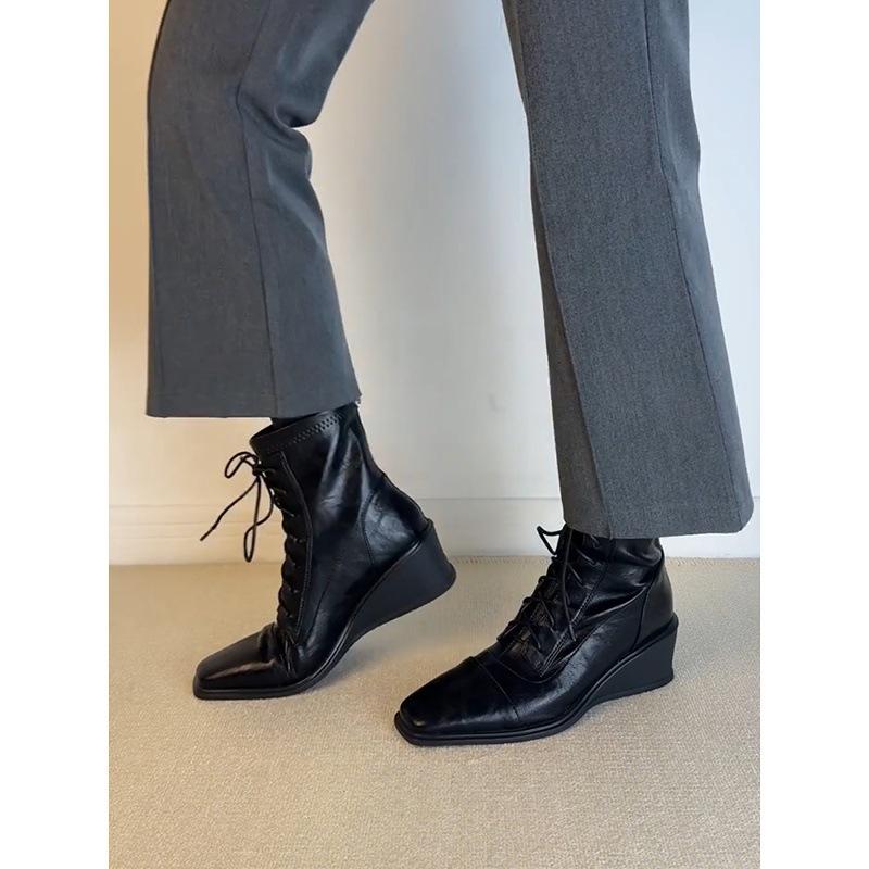 Cowhide version~ Wedge heel heightening thin boots British style Martin boots women's head thick sole retro lace-up elastic short boots