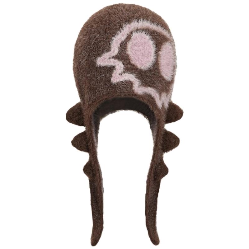 Lovely Jacquard Brimless Hat with Fun Pattern Earflap Design for Women Teens Winter Warmth Pullover Skull Hat for Everyday коричневый