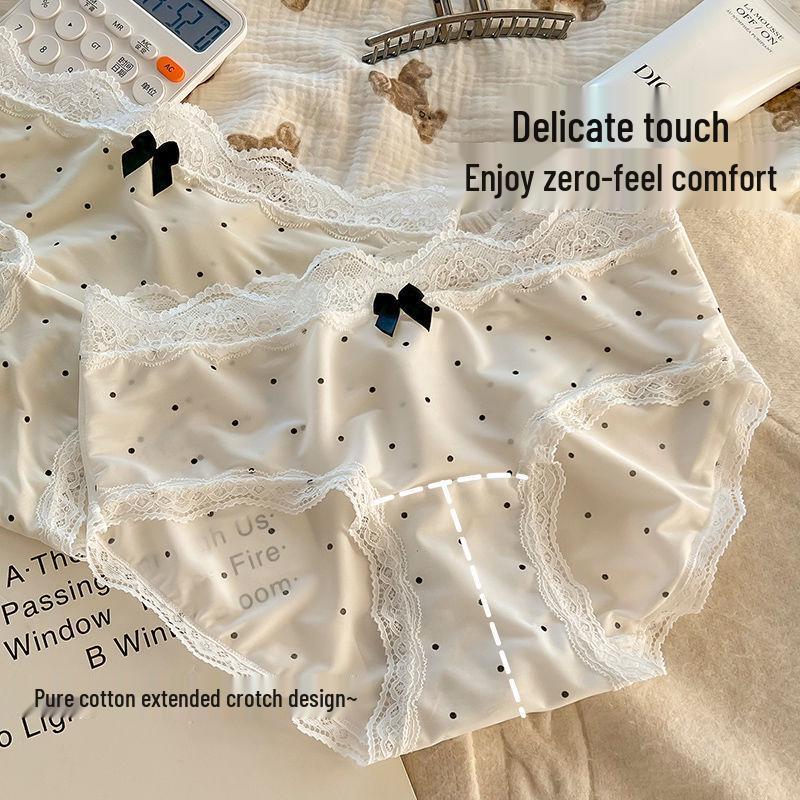 Women's French Polka Dot Lace Trim Breathable Ice Silk Panties