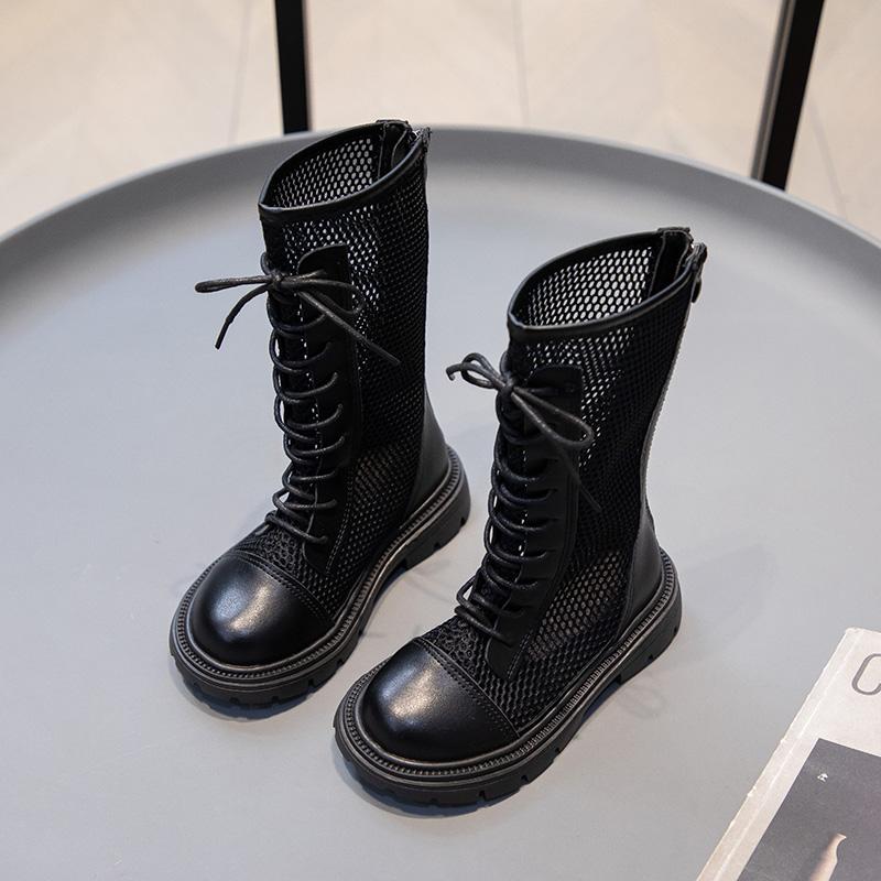 Дитяче літнє взуття Модні босоніжки для дівчаток Чоботи з високою сіткою Чисто-дихаюча прикраса на шнурівці з вирізом на блискавці Ins Style