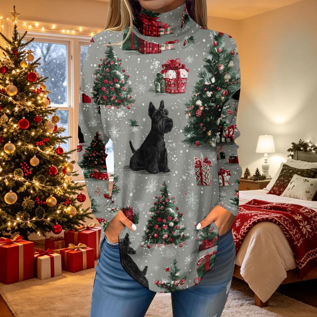 Women's Loose Fit Turtleneck Christmas Print Long Sleeve Pullover Top for Holiday
