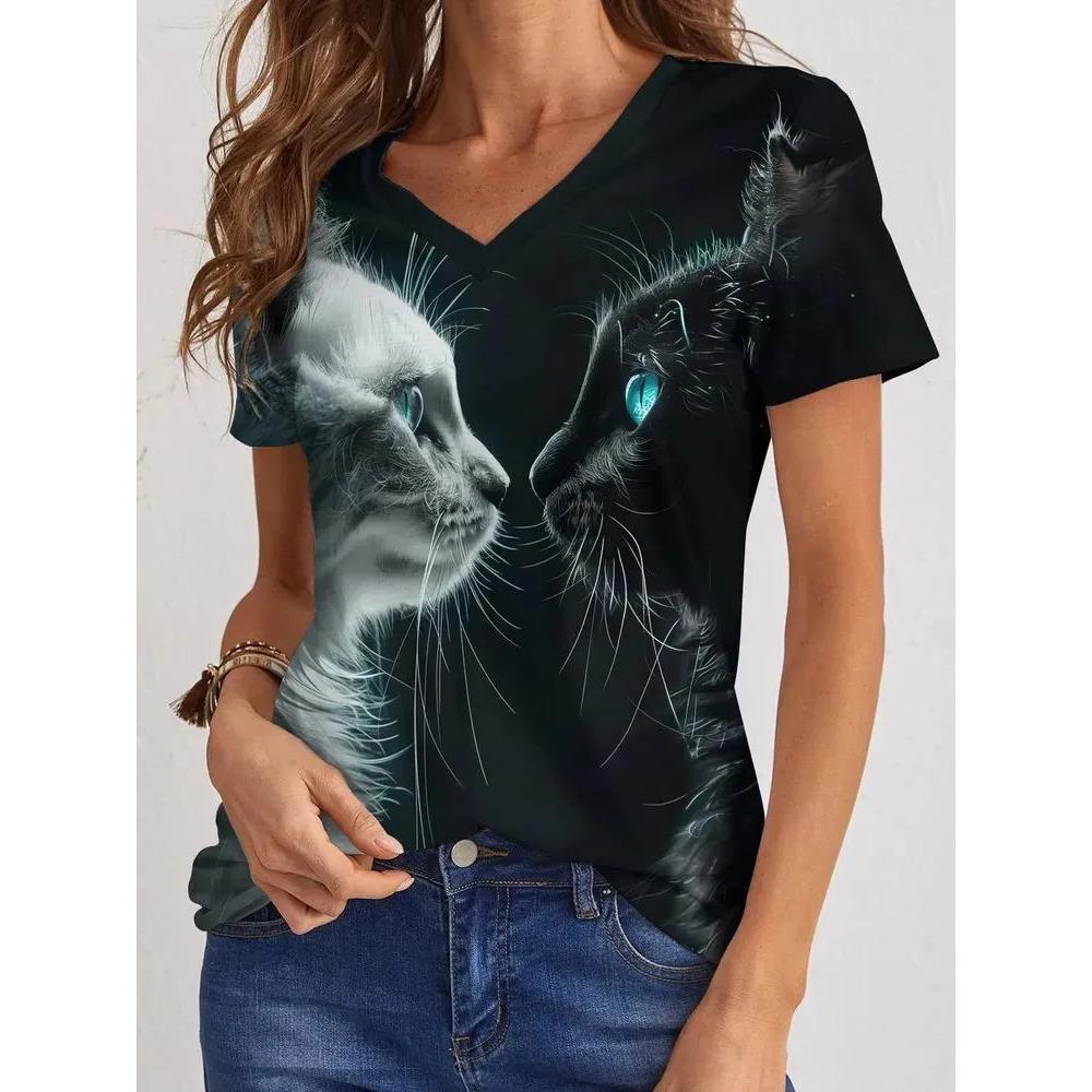 Summer V-neck Cute Cat Pattern 3D Printed Top Fashionable Casual Short Sleeved Women's T-shirts