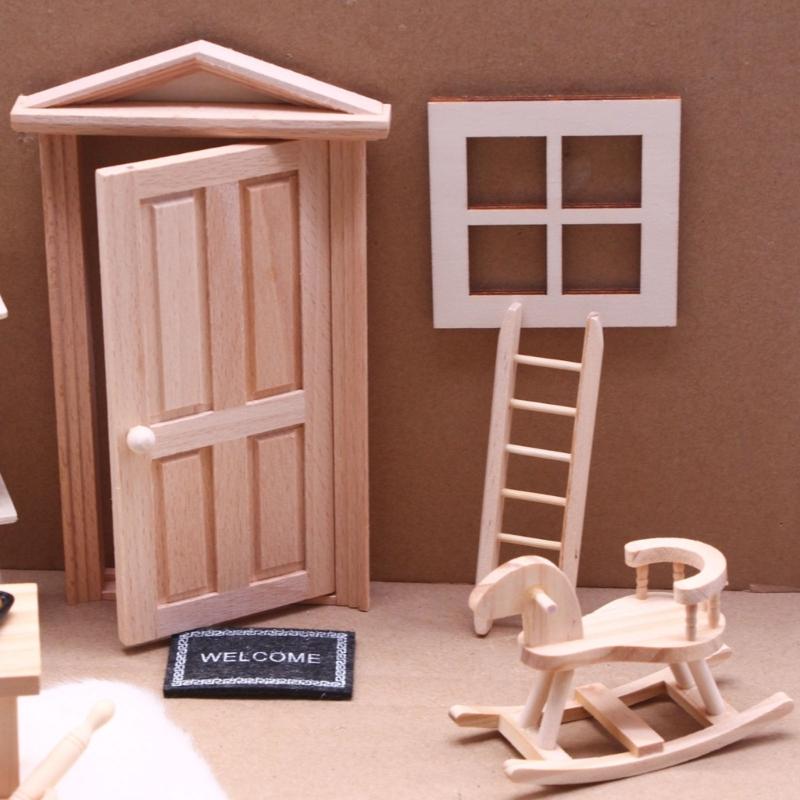 Natural Wood Hands-on Dollhouses Accessories Unpainted Door Window For Crafting And Model Making