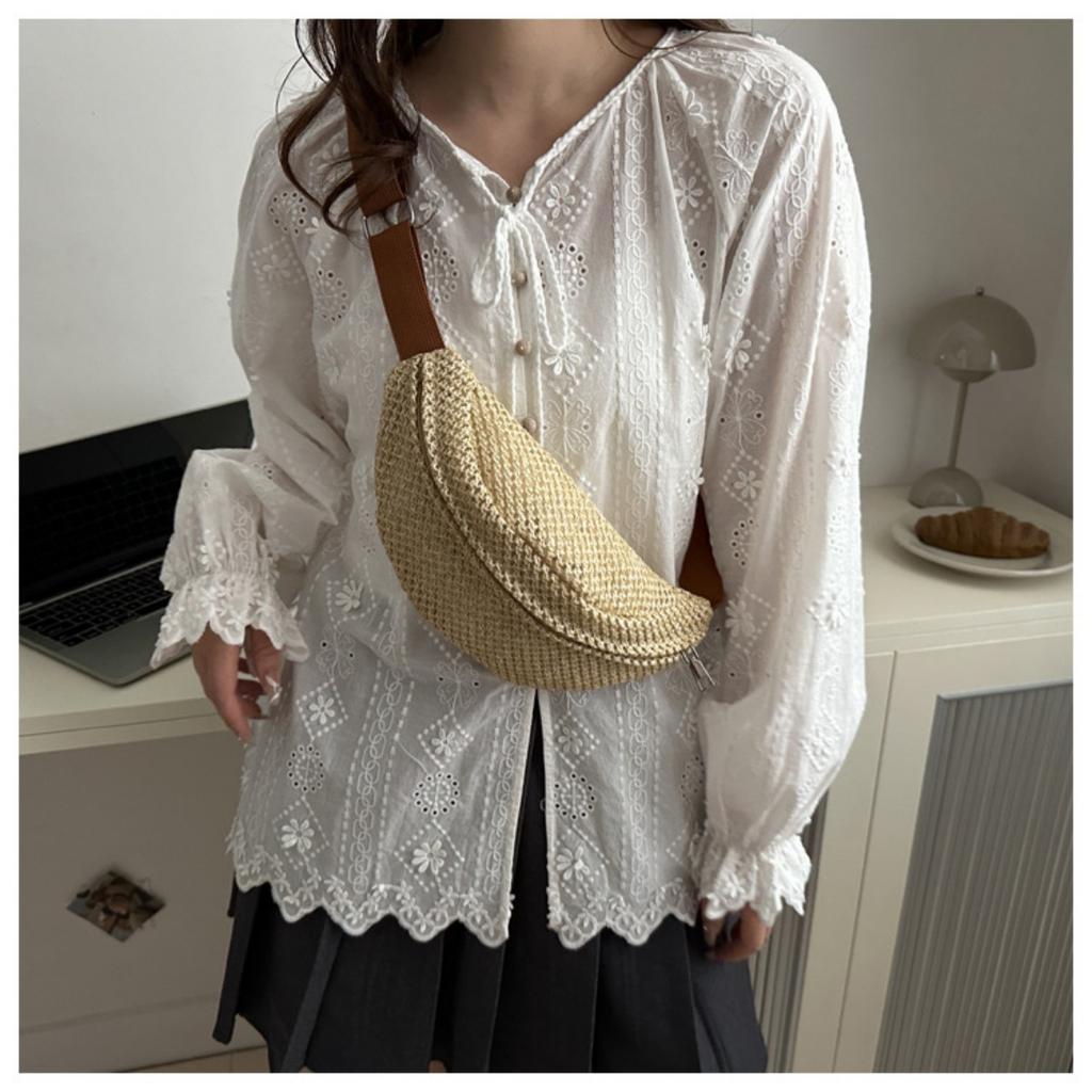 Women'S Stylish Woven Chest Bag - Light Brown, Crossbody Sling Phone Pouch with Zipper Closure, Versatile Waist Pack for Beach, Beach Bag