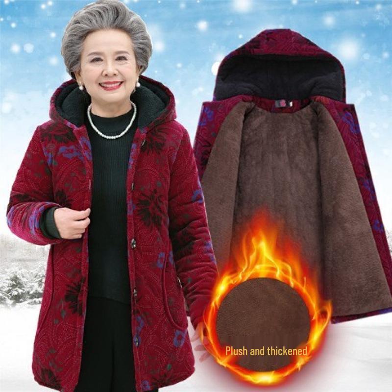 Elderly Women's Cotton-Padded Winter Jacket - Thickened Velvet Coat for 70-Year-Olds
