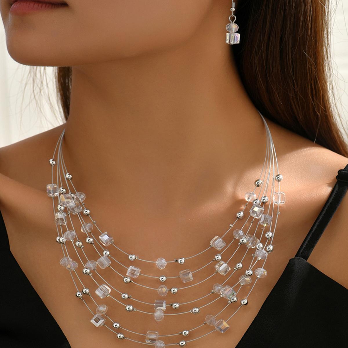 

Многослойное ожерелье с кристаллами и бисером, серьги, комплект, многослойный универсальный модный воротник с леской белый
