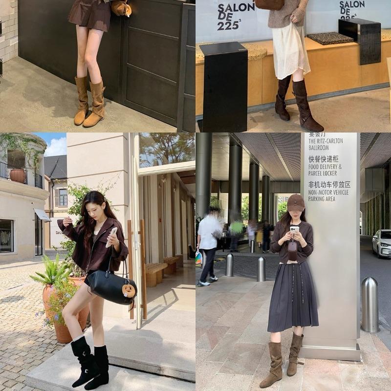 Cowhide version inner height increase cm knight boots women's cross buckle pleated long boots slim medium boots