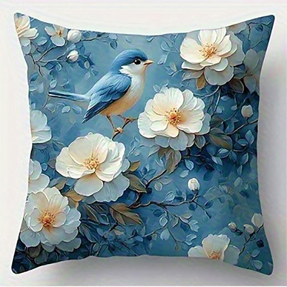 Blue Birds And Flowers Pillowcase Suitable For Sofa Car Bedroom Decorative Cushion Cover Pillow Cover
