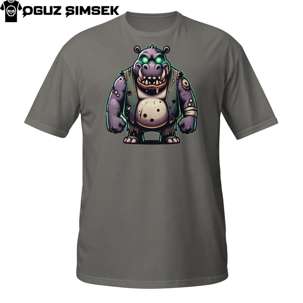 

Zombie Hippo T-Shirt | Mutant Undead Hippo in Leather Vest | Horror Comic Tee S